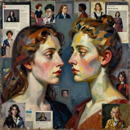 a painting made out of Fragments of images taken from online sources, fashion magazines, and family photographs, they all come together to form hybrid faces and figures in the Dadaesque style but with a realist twist, evoking the intimacy and intensity of a face-to-face encounter, contemporary art, mixed media