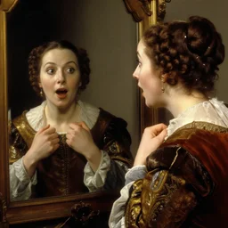 portrait by william adolphe bouguereau of pam beesly in medieval clothes looking at her reflection in the mirror , surprised expression, pulling her clothes with her hands, detailed face