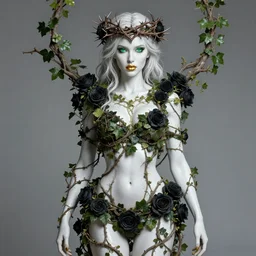 full body portrait of a beautiful sensual warrior woman, green eyes, gold lips, white skin entwined in branches, ivy and black roses, thorn crown, highly detailed, sci - fi, intricate, decadent, highly detailed, octane render, concept art, smooth, sharp focus, hyper - realistic