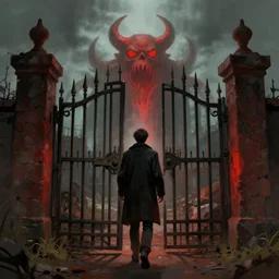 a man enters a gate to hell, artstation