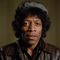 a cinematic film still of Morgan Freeman starring as Jimi Hendrix, portrait, 40mm lens, shallow depth of field, close up, split lighting, cinematic