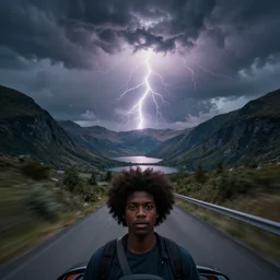 black trans - am driving towards the camera, mountain, valley, breathtaking mountains, lake, dynamic, cinematic, motionblur, volumetric lighting, wide shot, low angle, large lightning storm, the upside down, mindflayer, mindflayer stranger things