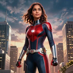 Radhika Apte grows to an enormous size and towers over a city, film still from 'Ant-Man and the Wasp'