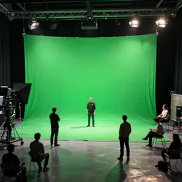 photo of a movie set with a single big green screen actors acting, studio, movie set, realistic, studio lighting