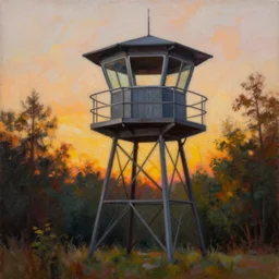 A majestic firewatch tower in the woods at sunset Acrylic Painting, Detailed, Volumetric Lighting, Matte Finish