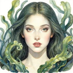realistic closeup portrait of sea witch surrounded by swirling kelp frame, art by luis royo and walter crane and kay nielsen, watercolor illustration,