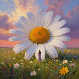 giant daisy flower head, full body girl standing in a flower field, surreal photography, sunrise, dramatic light, impressionist painting, colorful clouds, digital painting, artstation, simon stalenhag
