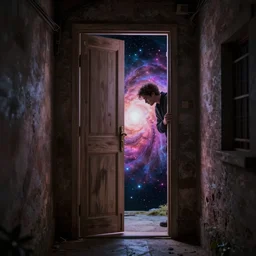 an open doorway in an alleyway, through the door is an entire universe, nebulas, stars, the big bang. a man peers hesitantly into the door. cinematic, 8 k, highly detailed