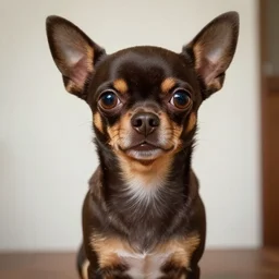 a dark brown chihuahua, hyper detailed, in the style of junji ito, selfie shot straight on angle