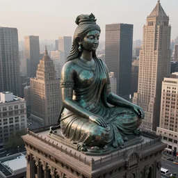 high quality real beauty statue sitting building in the middle new york, kalighat highly detailed, cinematic smooth, stephen shore & john j. park, soft morning light, wide shot, high angle, uhd 8 k, deep focus