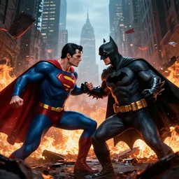 superman fighting batman, burning wreckage, gotham city, epic cinematic hyperrealism masterpiece, realistic shaded lighting by craig mallismo, artgerm, jeremy lipkin and michael garmash and hans zatzka, unreal engine, radiant light, detailed and complex environment, digital art, art station trends, detailed face