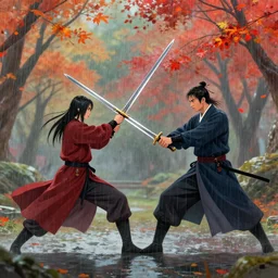 swordfight in autumn rain, epic scene, by victo ngai, kilian eng vibrant colours, dynamic lighting, concept art, winning award masterpiece, fantastically beautiful, illustration trending on artstation, art by greg rutkowski, 8 k