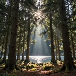 detailed in exterior of woods with epic tall pines, particle pollen, god light rays, sparkling lake horizon, infinite atmosphere, calm, in style of greg rutkowsi