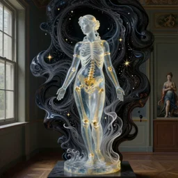 The room without doors and windows with beautiful full-body wax sculpture of the glowing transparent woman with visible golden bones inside her in the singularity where stars becoming baroque folds of dark matter by Michelangelo da Caravaggio, Nicola Samori, William Blake, Alex Grey and Beksinski, dramatic volumetric lighting, super detailed oil painting, 8k, masterpiece