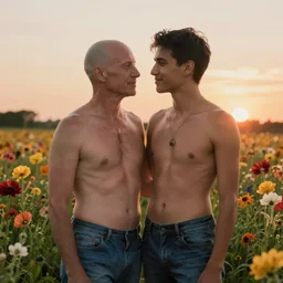 a gay couple, one man is white and balding, and middle aged, and the other man is latino and skinny, together in a field of flowers at sunset, realistic, intricate, 4k
