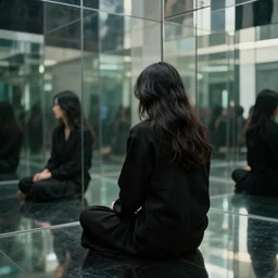 god sitting in an infinite reflexive mirror, picture from back, award winning, 4 0 0 mm
