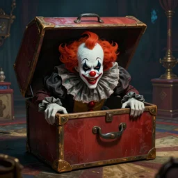 inside a circus, an evil dark clown crawled out of an old toy box, ， cinematic lighting ， ， american horror story 4 ， alice in wonderland ， trending on artstation ， matte painting by peter mohrbacher ， thomas kinkade ， greg rutkowsk ， bastien lecouffe - deharme ， redered in artstation ， light effect ， rtx on