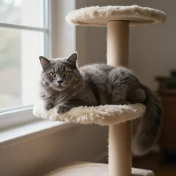 “ fluffy grey cat lying on cat tree near window, cozy living room, warm, cotton, dramatic lighting, extremely high quality, leica m - a, lux 3 5 fle, portra 8 0 0 ”