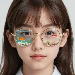 a portrait of a girl with rounded glasses and inside the glasses glass there is a fish tank digital art, trending on art station, high detailed