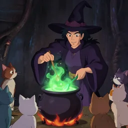 a wholesome animation key shot of a steve buscemi with black hair as a witch cooking a magic potion in his cauldron of bubbling green liquid as his cats watch, medium shot, waist up, studio ghibli, pixar and disney animation, sharp, rendered in unreal engine 5, anime key art by greg rutkowski, bloom, dramatic lighting
