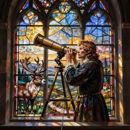 tycho brahe looking through a telescope with a reindeer, stained glass window