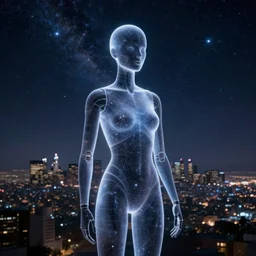manikin made of starlight, staring into the infinite galaxy, city of los angeles in background, rule of thirds, clean linework, dramatic, moody, introspective, cinematic, award winning, 4 k, trending on artstation, photorealistic, volumetric lighting, octane render