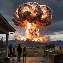 incoming debris cloud, nuclear explosion. A family on their front porch watching the explosive impact of a meteorite into the distant mountains. Comet, Meteor, apocalypse, shockwave, total and absolute destruction