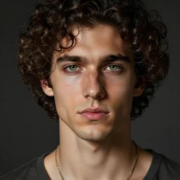 handsome!! hyper realistic man with curly hair, tan skin, green eyes | art by hirohiko araki & jean giraud