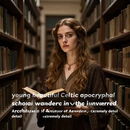“young beautiful Celtic apocryphal scholar wandering in the inverted archives of Alexandria, dramatic lighting, extremely high detail, photo realistic”