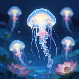 lotus garden of ice jellyfishes. award - winning 3 d anime by an indie studio, heavily stylized, rimlighting, depth of field, limited but vibrant palette, impressionism, chiaroscuro, bokeh.