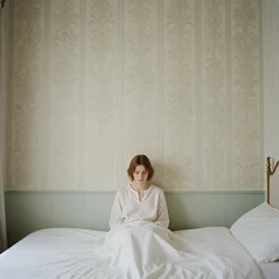 a lonely girl in a liminal hotel room, baroque wallpaper, film still by kubrik, depicted by balthus, limited color palette, very intricate, art nouveau, highly detailed, lights by hopper, soft pastel colors, minimalist