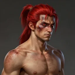 portrait, 30 years old man :: red hair ponytail :: burned face, grimy, shirtless :: high detail, digital art, RPG, concept art, illustration