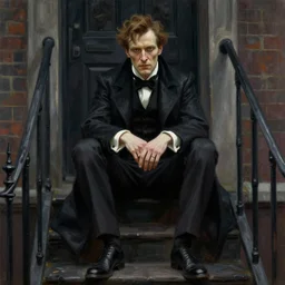 character portrait of john constantine sitting down on a fire escape in gothic london, gothic, john singer sargent, muted colors, moody colors, illustration, digital illustration, amazing values, art by j. c. leyendecker, joseph christian leyendecker, graphic style, dramatic lighting, gothic lighting