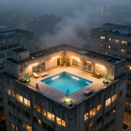 a rooftop of a brutalist building with a small swimming pool in the centre and small glass sculptures, lit by warm flourescent lights, volumetric lighting, foggy atmosphere
