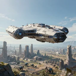 protoss spaceship hovering above protoss city, with zerg forces in the distances beautiful art uhd 4 k, artstation, hdr, 4 k, incredible detail, cinematic lighting, unreal engine 5