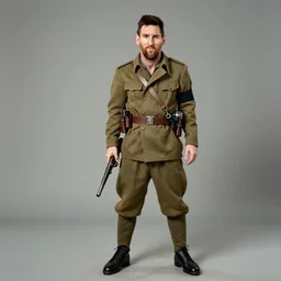 Lionel Messi with a gun in world war 2, full body vintage photograph