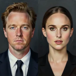 symmetrical bilateral portrait, edward norton, natalie portman, absurdist portrait painting