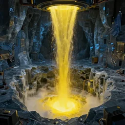 photo of liquid nitrogen with yellow water - cooling coolant flowing through latent representations of dark ice caverns undergoing centrifugal forces, illuminated by computer circuitry sticking out the walls, high detail, high contrast, low - poly elements, 4 k