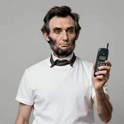 old photo of abraham lincoln wearing a t - shirt and holding a cell phone