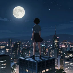 anime key visual, pov standing atop a skyscraper overlooking city at night, full moon and stars visible, colourful, high quality, hyperdetailed, hyperrealistic, anime style, 4 k hd, water colour, studio ghibli style