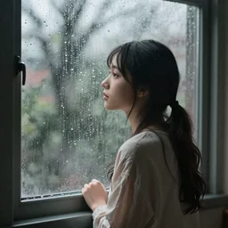 girl looking at rainy window, fine art style, octane render, hyper realistic, hi definition, unreal engine, fantasy theme, 8 k