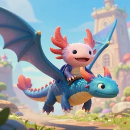 an axolotl riding a dragon, high fantasy, pixar disney tone mapping happy