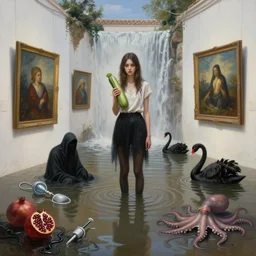 realistic painting of a flooded spanish art gallery in marbella, a tall emo girl, holding a courgette, paintings on walls, surgical equipment, floodwaters, squid ink, the grim reaper, pomegranates, waterfall from the wall, black swans, octopus, sensual, puddles, zen, surrealist, by magritte and monet