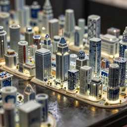 A porcelain city model close up, city led lights, tilt shift, high contrast, reflections, Canon TS-E 17mm f/4, pristine quality wallpaper