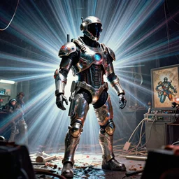 a worker in a toxic environment wearing a complex and hyperdetailed technical suit. reflection and dispersion materials. rays and dispersion of light. volumetric light. f / 3 2. noise film photo. flash photography. ultra realistic, wide angle. anaglyph materials, poster by wayne barlowe, mike winkelmann, craig mullins