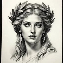 realism tattoo sketch of a beautiful greek goddess aphrodite wearing a laurel wreath and arrowhead earrings, beautiful confident eyes, beautiful flowing hair, glowing god eyes, hyper realistic face, in the style of greg rutkowski, fantasy, amazing detail, epic, elegant, smooth, sharp focus, from the front