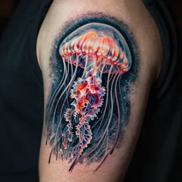 a beautiful jellyfish tattoo, drawn by ernst haeckel, in the style of irakli nadar, deep mood, hyperrealism, epic and cinematic