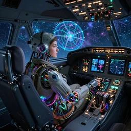 dark aeronautical theme : a beautiful robot fighter pilot is female piloting while connected by luminous intricate organic and colorful electric cables and wires and fibers to the jet cockpit with dials and lights and gauges and radar, experiencing the quantum field cinematic highly detailed realistic beautiful cosmic neural network o