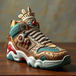 realistic scultpure of sneaker! design, sneaker design overwatch megaman capcom style mixed with aztec mayan native street fashion, focus on sneakers only, painted by akira toriyama and studio ghibli princess mononoke megaman capcom