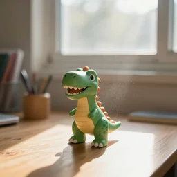 a polly pocket toy set that is dinosaur themed, sat on a wooden study desk in front of a window, god rays, dust particles, photorealistic, aesthetic shot, worms eye view, macro camera lens, high definition, thematic, cinematic - - n 9